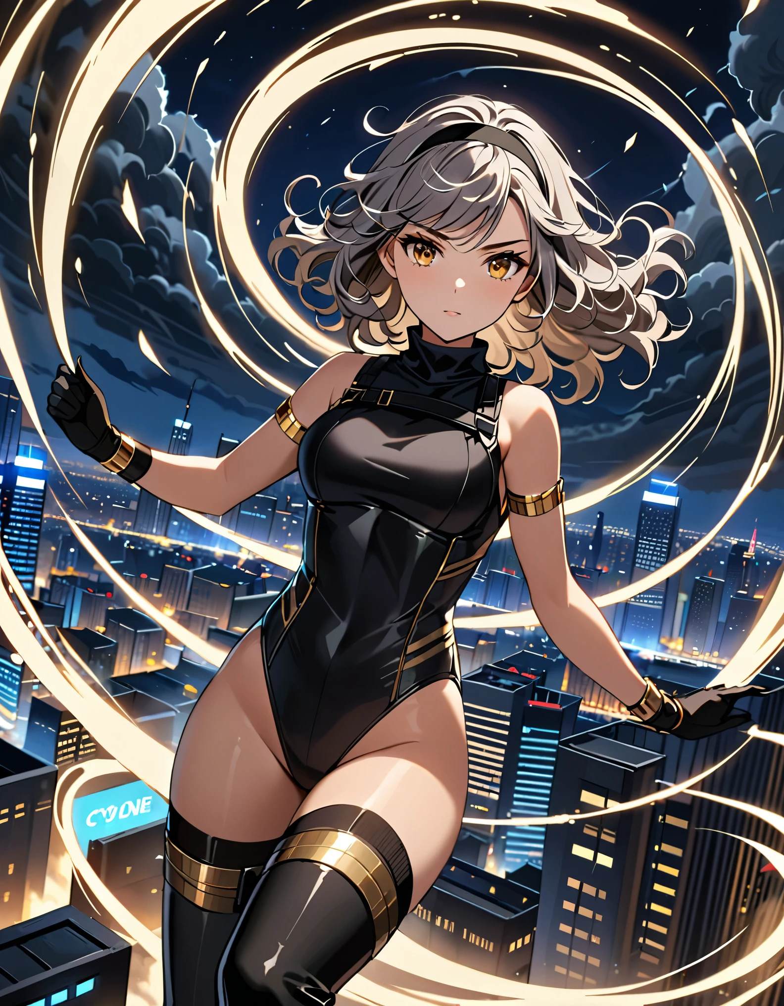 masterpiece, best quality, 1girl, grey hair, shoulder length hair, wavy hair, black hairband, auburn eyes, beautiful detailed eyes, beautiful detailed face, cute face, stoic, professional, ninja, black leotard, black tactical gloves, ???? legs, gold bracelets, black thigh-high boots, cityscape, night, noir atmosphere. spins in place like a (tornado), spins like a tornado, (she spins) at an incredible speed, creating a whirlwind of air around her, spiral lines around, cyclone winds around, tornado spinning.