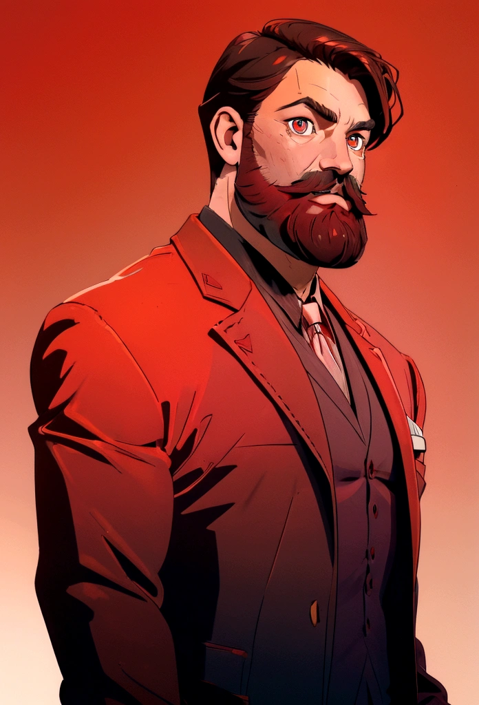 (1 man, beardstache, short brown hair, red eyes, wearing a suit),(close shot),(gradient red background),(sunlight),(masterpiece),(digital art),(effects light),(vibrant colors)