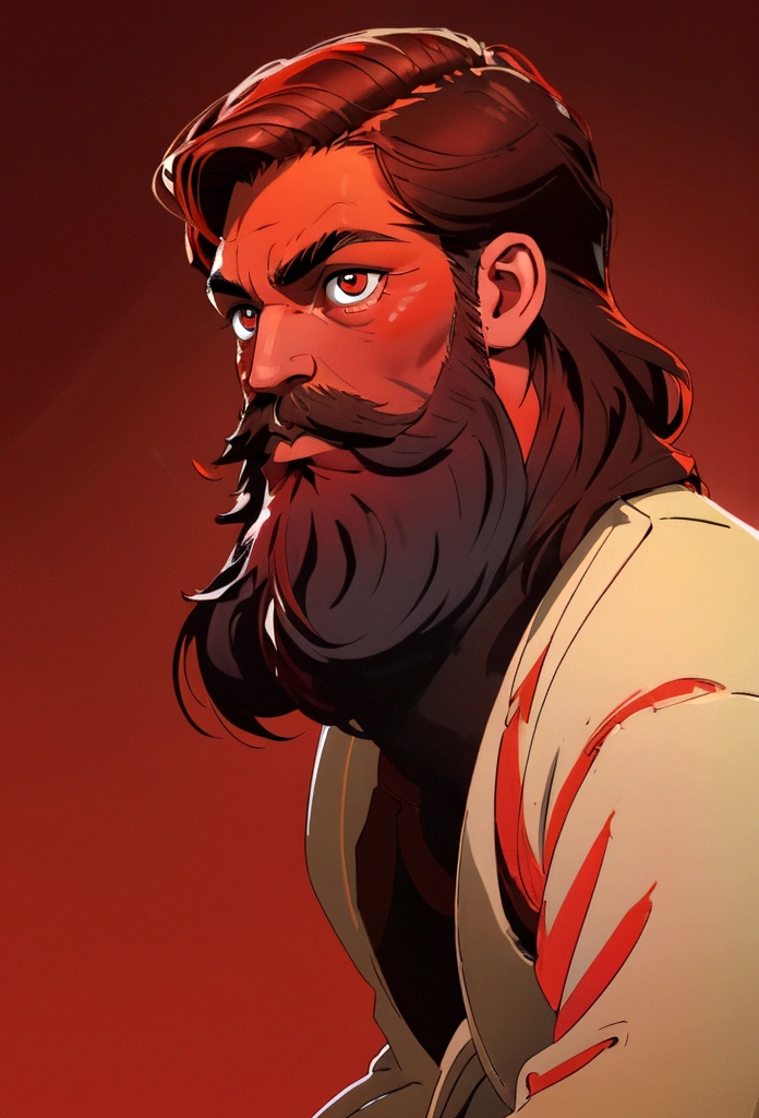 (1 man, beardstache, short brown hair, red eyes, wearing a suit),(close shot),(gradient red background),(sunlight),(masterpiece),(digital art),(effects light),(vibrant colors)