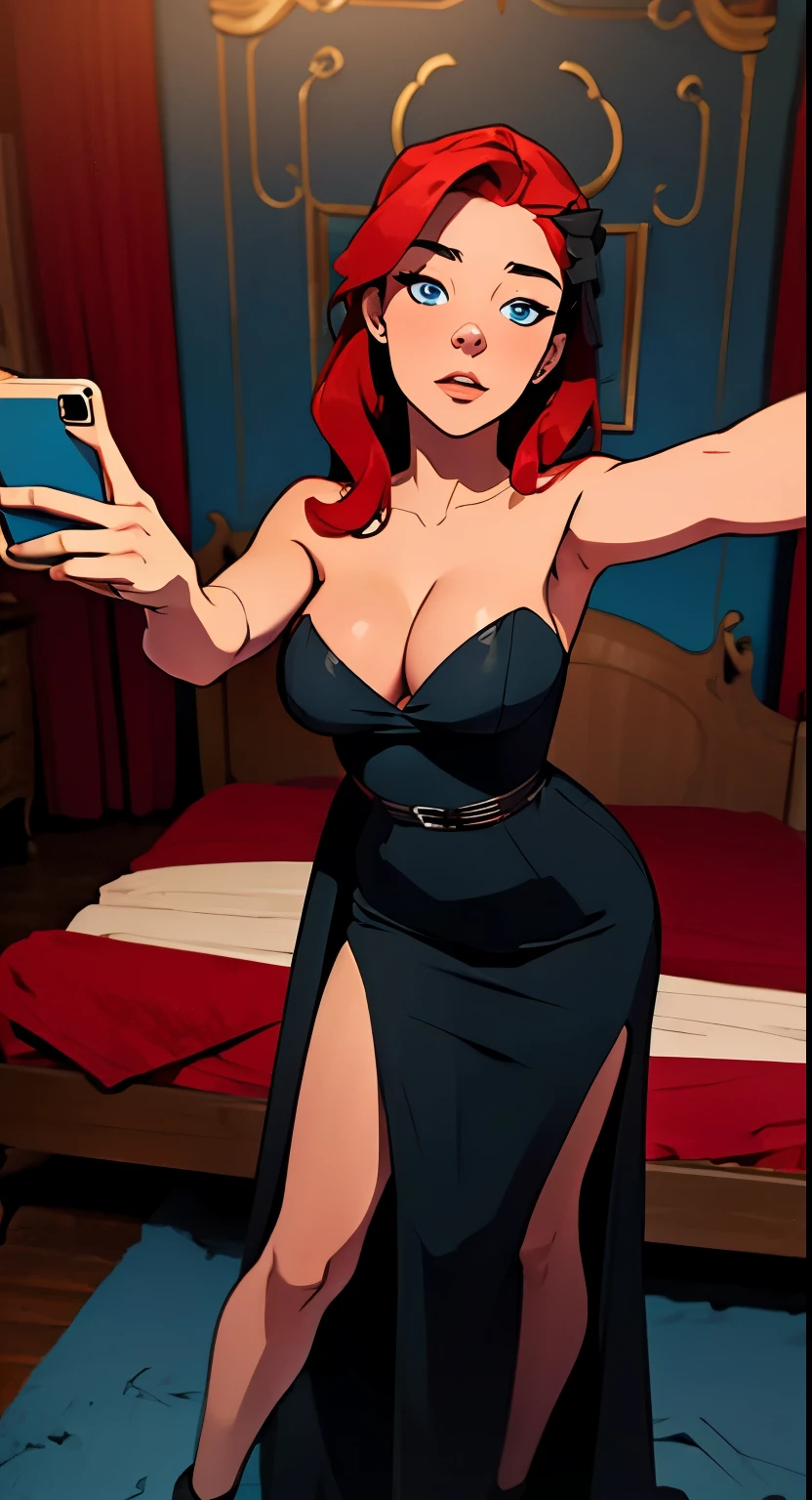 masterpiece, best quality, full body,1girl,the highest image quality, 21-year-old woman, looks like Olivia Dunne, bright red hair, blue eyes, wearing a black ballroom dress in a bedroom, large breasts, taking a selfie
