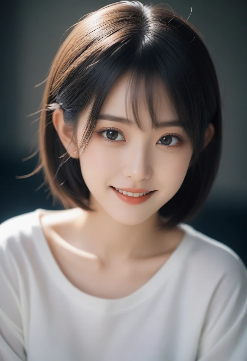 8K, Ultra-high resolution, Highest quality, masterpiece, 三分割法によるphotograph,Surreal, photograph, 1 Girl, (:1.3), pretty girl, Cute face, Beautiful eyes in every detail, 細かくdetailedに,masterpiece,, One Girl:1.2, Japan Female Announcer、Cowboy Shot、Double bun and short pigtails、(((Uniform 1.2))), From above,Refreshing sweat,Full of sex appeal,Sensual,A carefree smile,Heal the heart,Black Hair,Short Bob,Looking at the audience、beauty,Long neck、Laugh a little、Please close your mouth and laugh、(((Ideal body type))),A cup small breasts :2,、Portraiture:2、Perfect Anatomy、鮮明なdetailed、detailed、Surreal、Light and shadow,Strong light