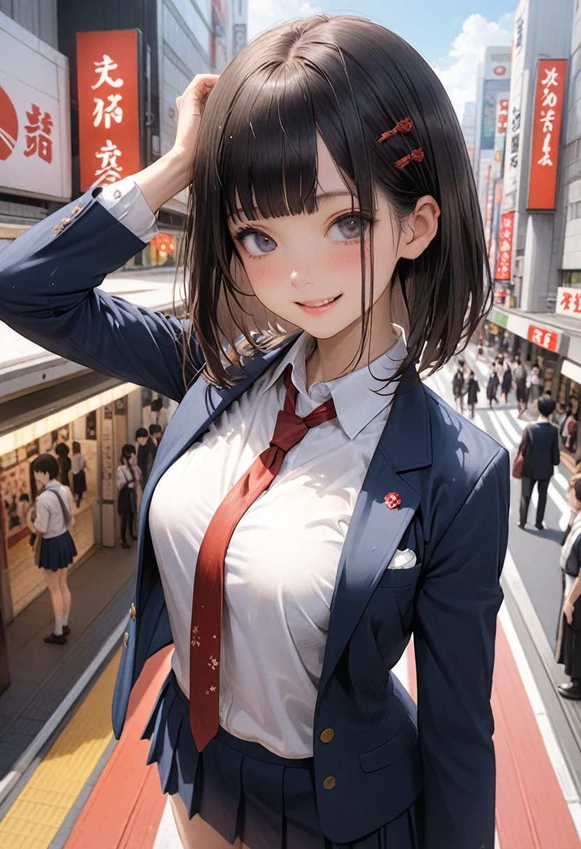 ((masterpiece,Highest quality:1.3,best quality illustration)),realistic,cowboy shot,1woman、独奏,16-year-old Japan beauty,((very small head)),short bob hair,blunt bangs,black hair,black eyes,gorgeous eyes,blush,smile,medium breasts,((very long body)),(School uniform,Navy blue blazer、Red tie、White Shirt、Navy blue pleated mini skirt),(toned body,slender body,skinny),gleaming skin,shiny skin,oily skin,standing,Shibuya Station、Tokyo