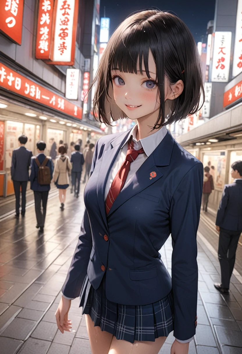 ((masterpiece,Highest quality:1.3,best quality illustration)),realistic,cowboy shot,1woman、独奏,16-year-old Japan beauty,((very small head)),short bob hair,blunt bangs,black hair,black eyes,gorgeous eyes,blush,smile,medium breasts,((very long body)),(School uniform,Navy blue blazer、Red tie、White Shirt、Navy blue pleated mini skirt),(toned body,slender body,skinny),gleaming skin,shiny skin,oily skin,standing,Shibuya Station、Tokyo