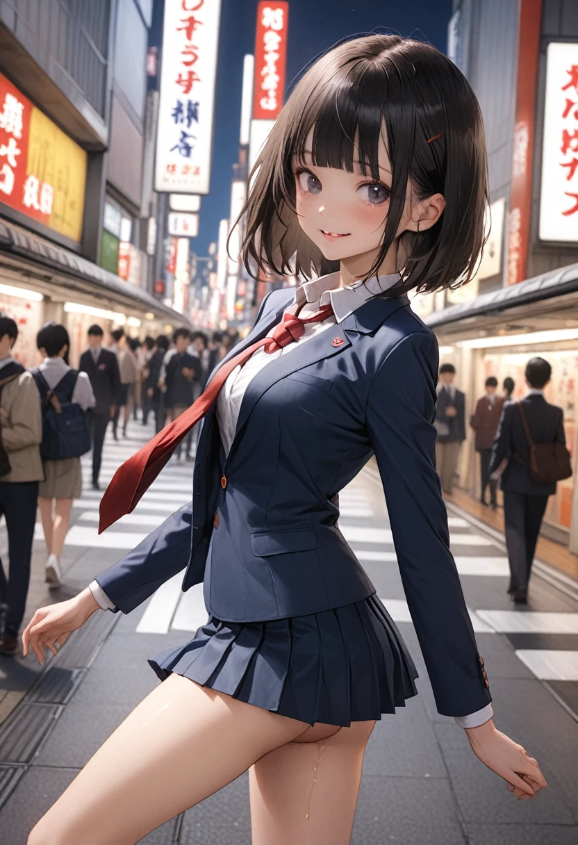 ((masterpiece,Highest quality:1.3,best quality illustration)),realistic,cowboy shot,1woman、独奏,16-year-old Japan beauty,((very small head)),short bob hair,blunt bangs,black hair,black eyes,gorgeous eyes,blush,smile,medium breasts,((very long body)),(School uniform,Navy blue blazer、Red tie、White Shirt、Navy blue pleated mini skirt),(toned body,slender body,skinny),gleaming skin,shiny skin,oily skin,standing,Shibuya Station、Tokyo
