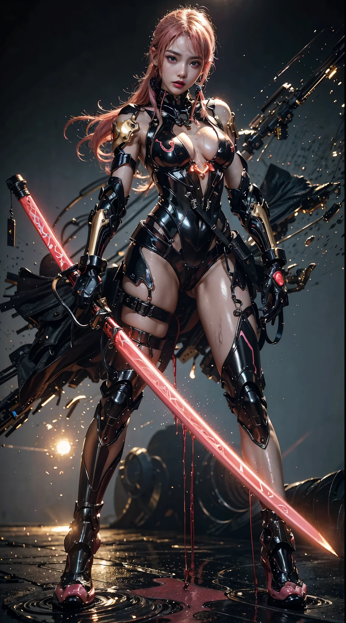 Highest quality、Surreal、Perfect Anatomy、In the middle of a crowded arena、Surrounded by spectators、Crowd、Wet and shiny white skin、Sweat dripping all over the body、Slender model figure、Ahegao、Golden and pink hair、soaked、Super small face、Collars and Leads、Cyberpunk Girl、photo shoot、Black Japanese sword、Black micro bikini、latex、Heart decoration、Cleavage、Dripping blood、Intricate, luminous mechanical parts、
