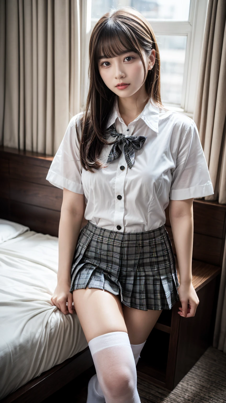 (8K, RAW Photos, Highest quality, masterpiece:1.2), (professional photography, full colors, studio-caliber color grading), (Gravure quality for high-end fashion magazines), BREAK,18 year old girl, (boyish:1.15), (mannish:1.1), Big Natural Color Lip, Plumpy body, (smooth skin:1.1), (huge breasts:1.0), BREAK (school uniform:1.2), ((loose style, tucked out tops):1.2), (fusion of oversized white tunic and white collared-shirt with untucked:1.4), (short sleeve:1.3), (button-up:1.4), (black and gray plaid pattern pleated mini skirt:1.2), (thigh skin:1.4), (socks:1.2), (loafers:1.1), BREAK hotel room