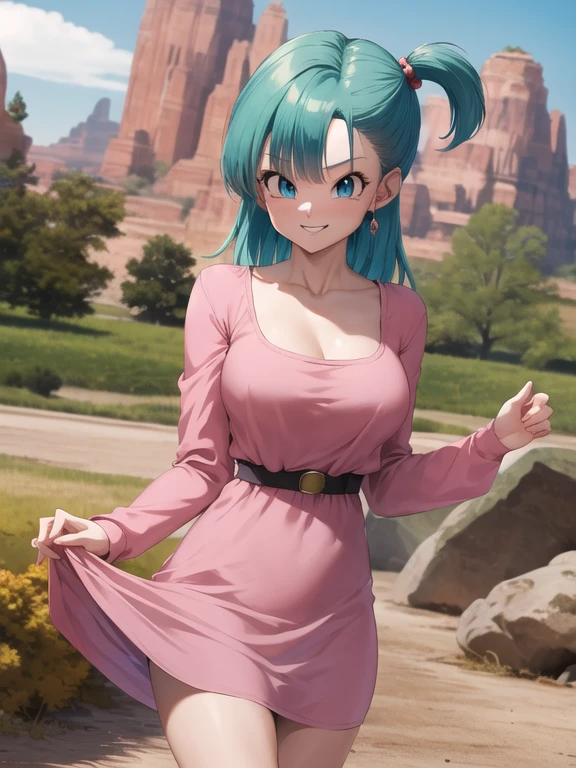 masterpiece, best quality, highres, dragon ball, blmsdup, bulma, aqua hair, one side up, pink dress, long sleeves, collarbone, medium breasts, outdoors, standing, cowboy shot, (dress lift:1.2), evil smile,