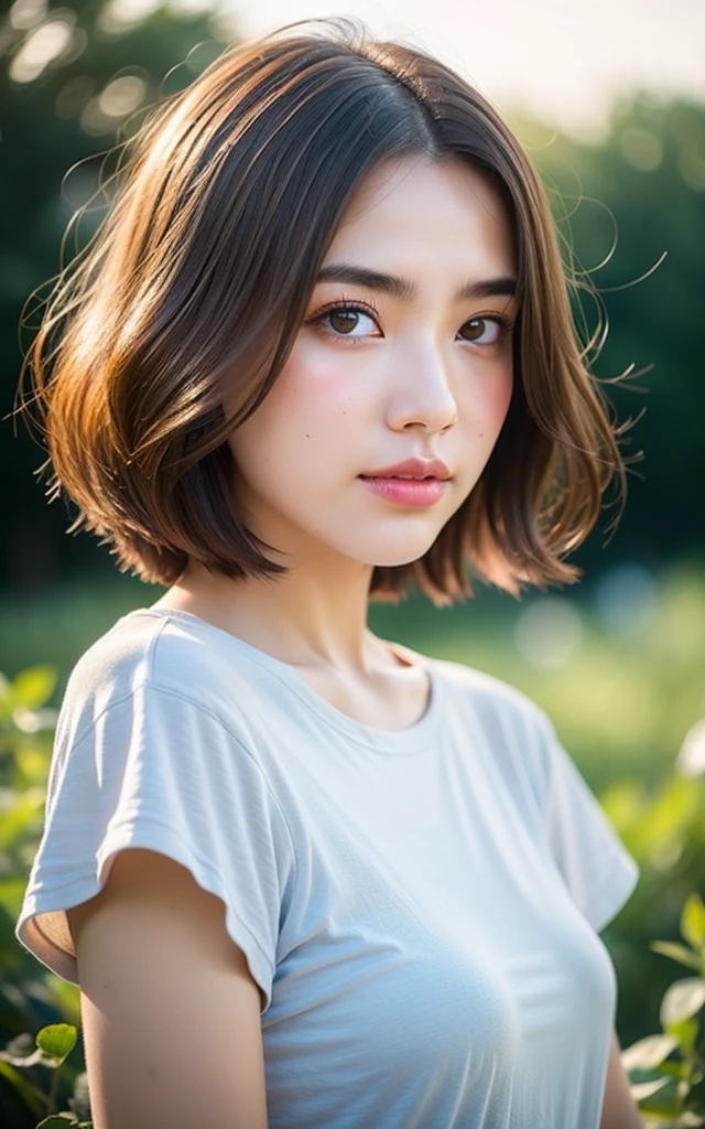 masterpiece, Best Quality, 8K, 1girl, Correct human hands, correct human fingers, japanese girl, face closeup, Cute, Girly, Delicate girl, Neat and clean beauty, medium breast, sexy lips, luminescence, Looking away, Raw photo, F/1.8, 135 mm, NIKON, Anatomically correct, bokeh,Textured skin, Professional Photography, Portrait, Soft light, Professional Lighting, back light, Film grain, (Eyes and faces with detailed:1.0), brown hair, short hair swaying in the wind, T-shirt