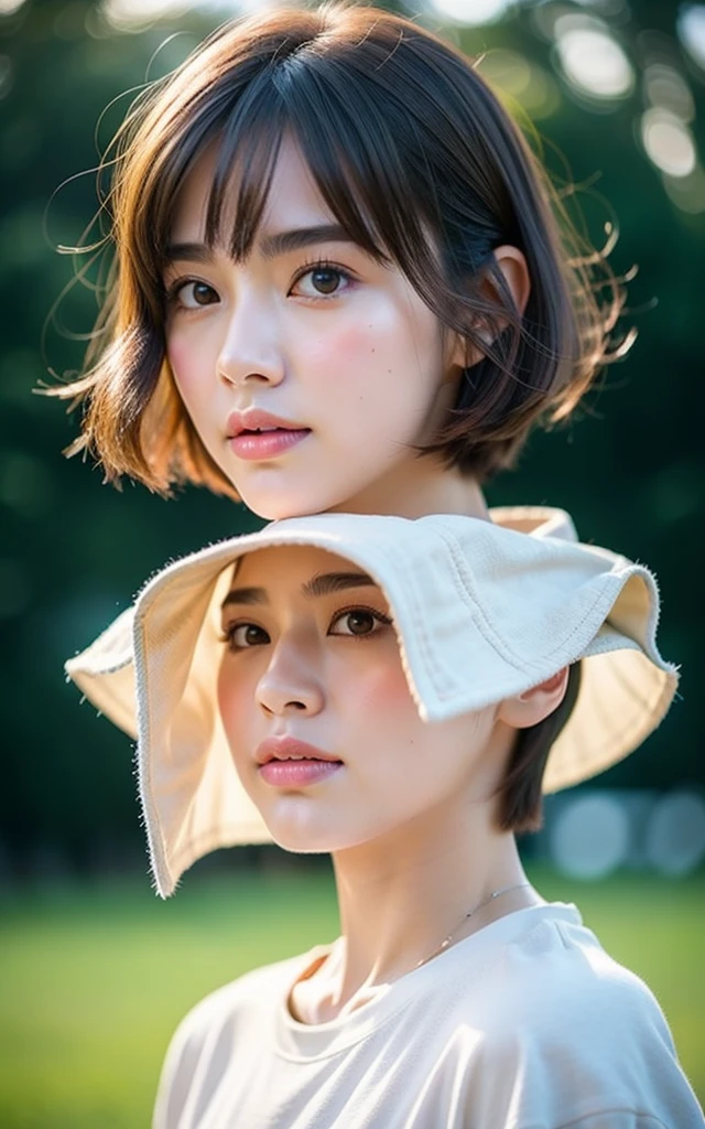 masterpiece, Best Quality, 8K, 1girl, Correct human hands, correct human fingers, japanese girl, face closeup, Cute, Girly, Delicate girl, Neat and clean beauty, medium breast, sexy lips, luminescence, Looking away, Raw photo, F/1.8, 135 mm, NIKON, Anatomically correct, bokeh，Textured skin, Professional Photography, Portrait, Soft light, Professional Lighting, back light, Film grain, (Eyes and faces with detailed:1.0), brown hair, short hair swaying in the wind, T-shirt