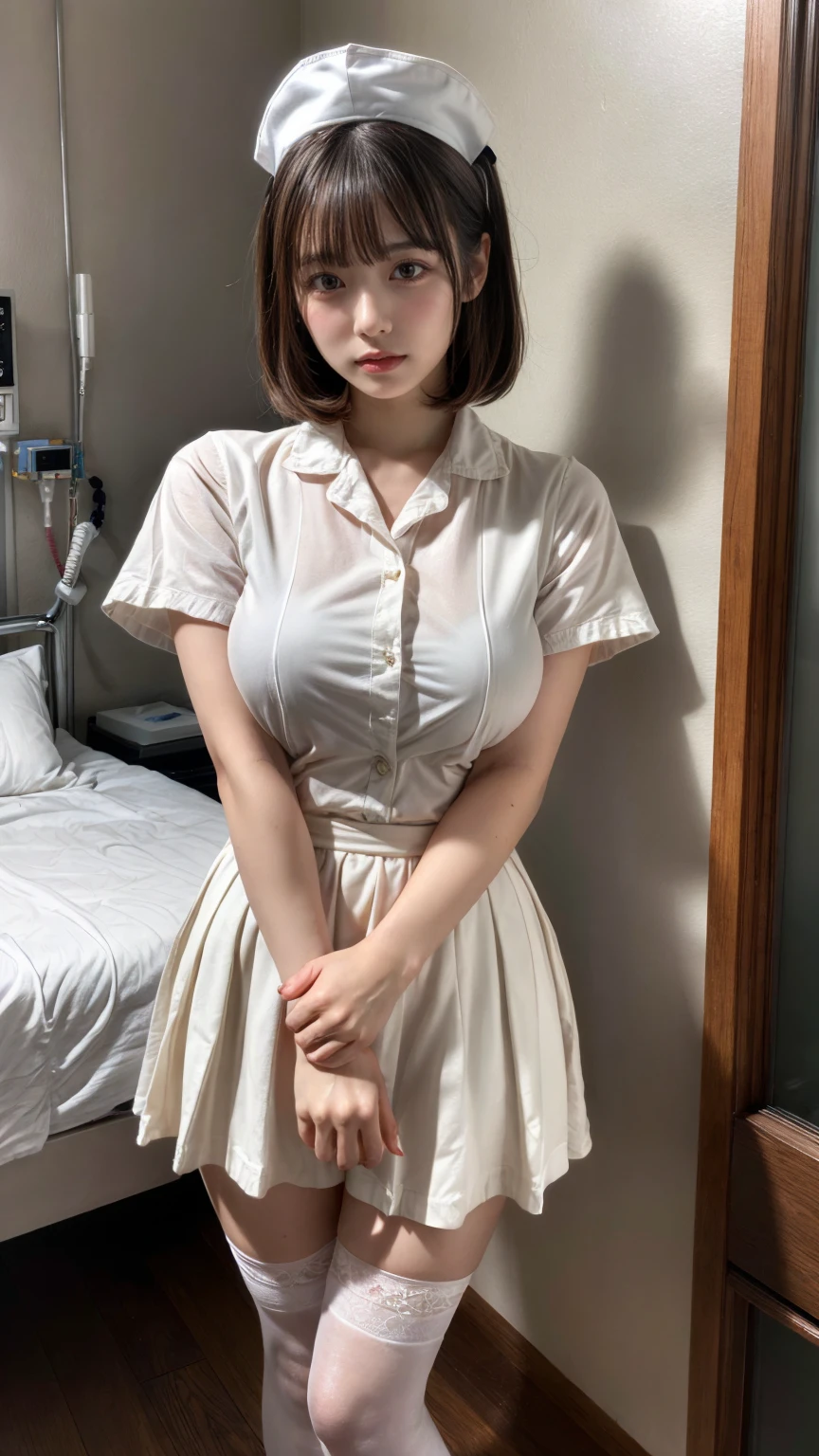 muste piece, best quality, illustration, Super detailed, fine details, High resolution, 8K,wall paper, perfect dynamic composition,(Details High quality, realistic depiction of eyes:1.3), Hospital Rooms、White nurse cap、White tights、White nurse uniform、kneeling、Hand skirt、Flipping up a white skirt, large breasts,short bob hair, black hair color, Big Natural Color Lip, bold sexy pose, crying a little、20 year old girl、cute type、beautiful legs, hposing Gravure Idol, standing