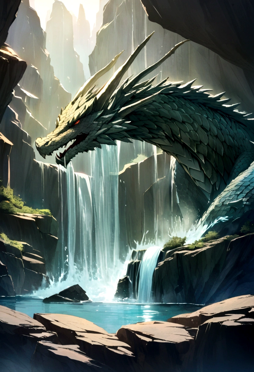 The background is a rocky waterfall.. A water-textured dragon emerges from the basin.