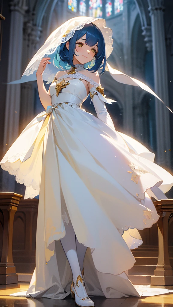 1 girl, full body, yellow eyes, blue hair, sleepy, white wedding dress, smile, posing, in church, curious details, delicate facial features, high resolution, high detail, high quality, realistic super detail, particle effect brilliants, rendering style, fantasy art, masterpiece