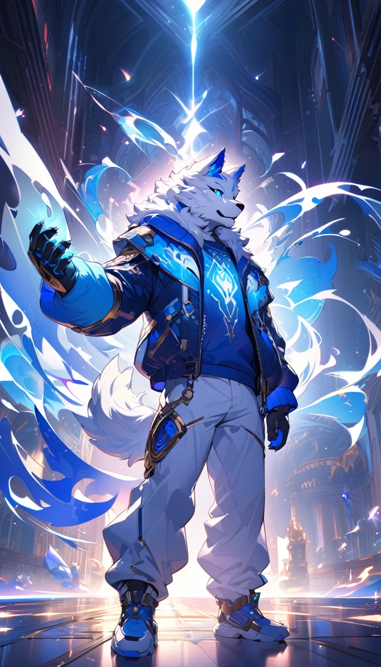 work of art, Exquisite and detailed, 4K, 8K, high resolution, furry kemono commission style, design of character, high-tech fantasy style, furry wolf, white fur, long white hair with blue details, open white jacket, blue T-shirt, White pants, blue flame effect surrounding him in the background, details about clothes, dynamic light , no back ground, highy detailed