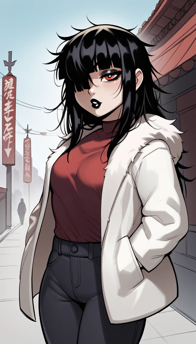 score_9, score_8_up, score_7_up, score_6_up, score_5_up, score_4_up, BREAK 1girl, black hair, messy hair, messy bangs, red eyes, seductive expression, blunt bangs, short, BREAK solo, small breasts, skinny, arched back, thigh gap, shrine maiden, white fur coat, innocent, lovely, adorable, long hair, hair covering one eye, dark mage, fully clothed, hibakama pants, hakui shirt, yakuza, city street background, black lipstick, Latina, Mexican,