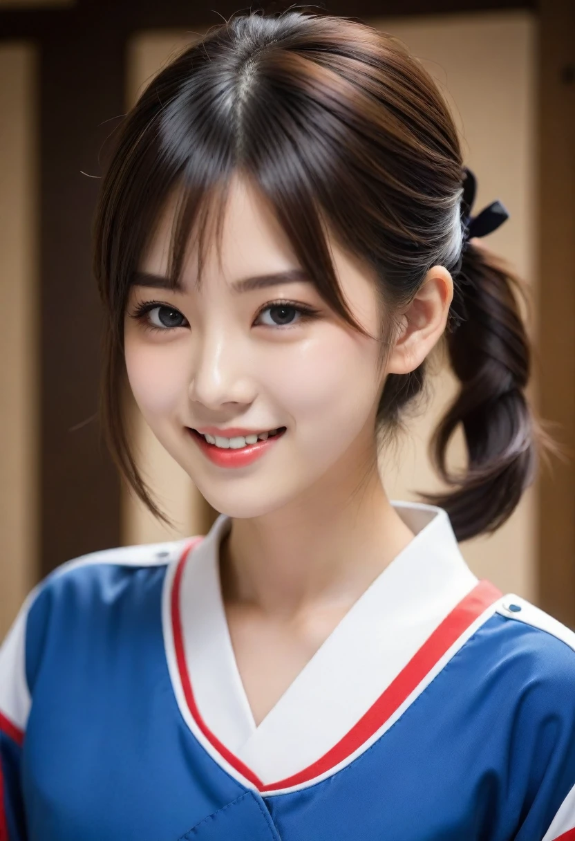 8K, Ultra-high resolution, Highest quality, masterpiece, 三分割法によるphotograph,Surreal, photograph, 1 Girl, (:1.3), pretty girl, Cute face, Beautiful eyes in every detail, 細かくdetailedに,masterpiece,, One Girl:1.2, Japan Female Announcer、Cowboy Shot、Double bun and short pigtails、(((Uniform 1.2))), From above,Refreshing sweat,Full of sex appeal,Sensual,A carefree smile,Heal the heart,Black Hair,Short Bob,Looking at the audience、beauty,Long neck、Laugh a little、Please close your mouth and laugh、(((Ideal body type))),A cup small breasts :2,、Portraiture:2、Perfect Anatomy、鮮明なdetailed、detailed、Surreal、Light and shadow,Strong light