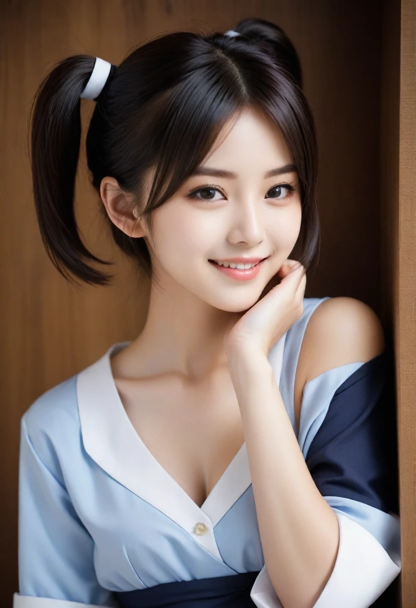 8K, Ultra-high resolution, Highest quality, masterpiece, 三分割法によるphotograph,Surreal, photograph, 1 Girl, (16 years old:1.3), pretty girl, Cute face, Beautiful eyes in every detail, 細かくdetailedに,masterpiece,, One Girl:1.2, Japan Female Announcer、Cowboy Shot、Double bun and short pigtails、(((Uniform 1.2))), From above,Refreshing sweat,Full of sex appeal,Sensual,A carefree smile,Heal the heart,Black Hair,Short Bob,Looking at the audience、beauty,Long neck、Laugh a little、Please close your mouth and laugh、(((Ideal body type))),A cup small breasts :2,、Portraiture:2、Perfect Anatomy、鮮明なdetailed、detailed、Surreal、Light and shadow,Strong light