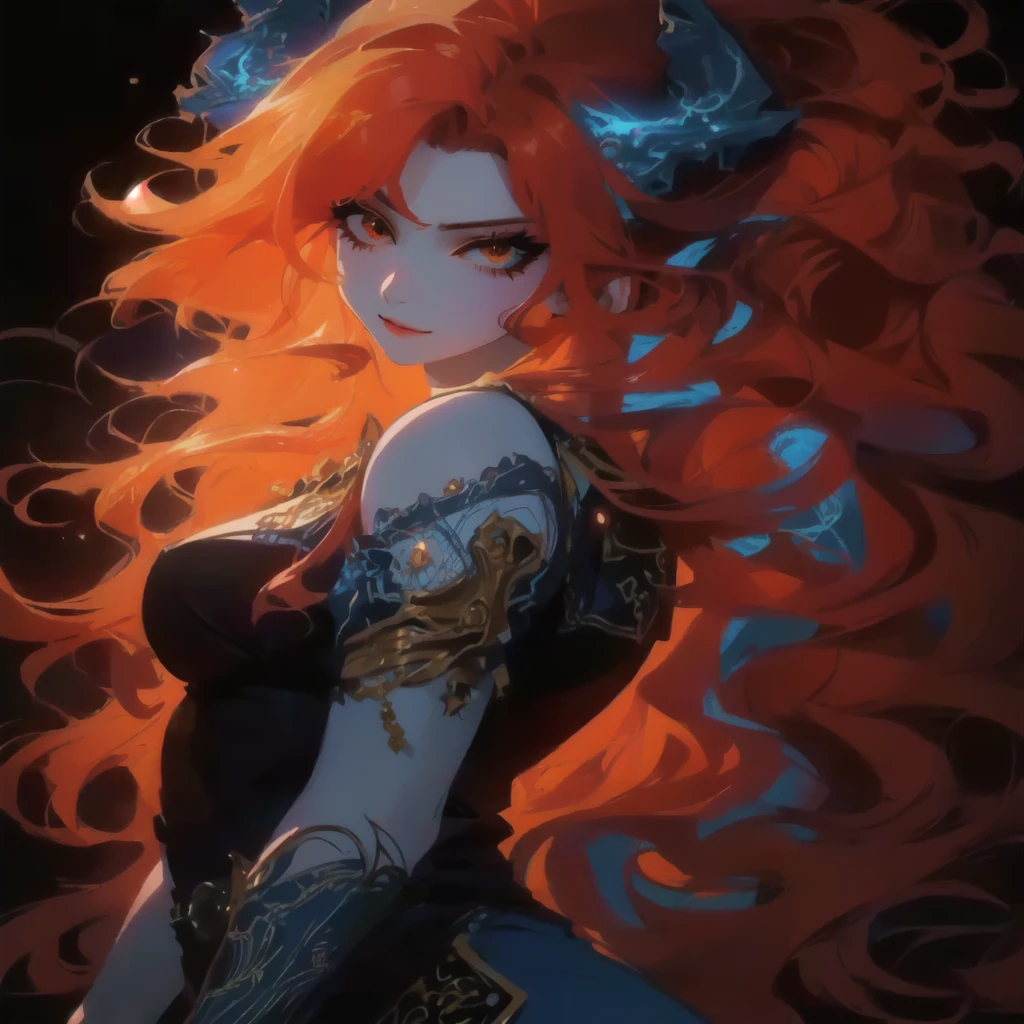 a woman with long red hair and a blue dress is standing in front of a black background, 极其详细的Artgerm, style artgerm, style artgerm, vibrant rossdraws cartoon, colorful Artgerm!!!, Alice X. zhang, such as ArtGerm, Detailed Artgerm, style of artgerm, artgerm trends, red-haired goddess, bluish lighting