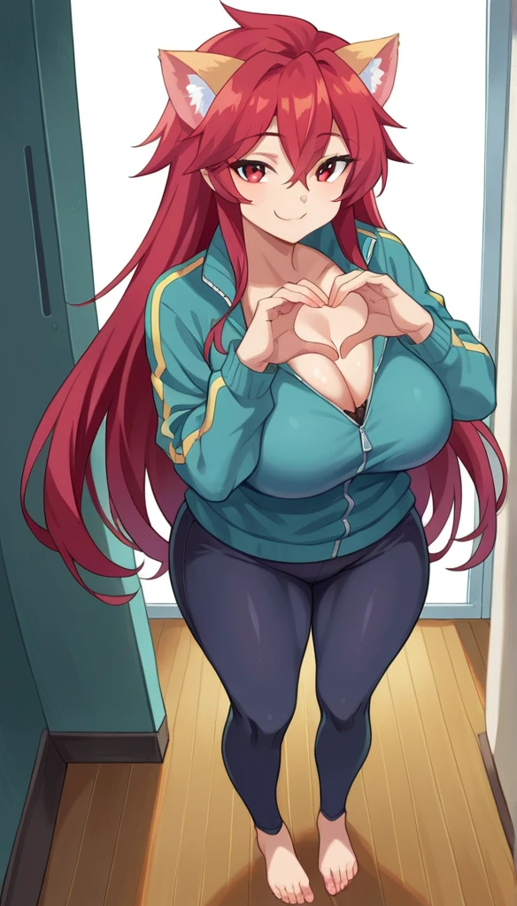score_9, score_8_up, score_7_up, source_anime, 1girl, solo, nsfw allowed,
mari setagaya, human-form, 1girl, solo, long hair, looking at viewer, smile,, red eyes, red hair, fang,
Tight track jacket barely can hold her breasts, indoors, full body, very huge round breasts, very thick round plumpy thighs, large thighs, very wide hips, big round heart-shaped ass, tight clothes, milf, seductive, unzip her jacket, 10'5 feet tall, teasing the viewer, tight black short, cat ears