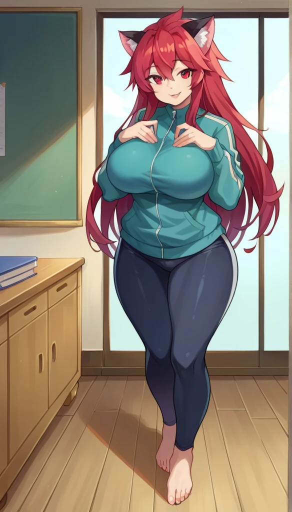 score_9, score_8_up, score_7_up, source_anime, 1girl, solo, nsfw allowed,
mari setagaya, human-form, 1girl, solo, long hair, looking at viewer, smile,, red eyes, red hair, fang,
Tight track jacket barely can hold her breasts, indoors, full body, very huge round breasts, very thick round plumpy thighs, large thighs, very wide hips, big round heart-shaped ass, tight clothes, milf, seductive, unzip her jacket, 10'5 feet tall, teasing the viewer, tight black short, cat ears