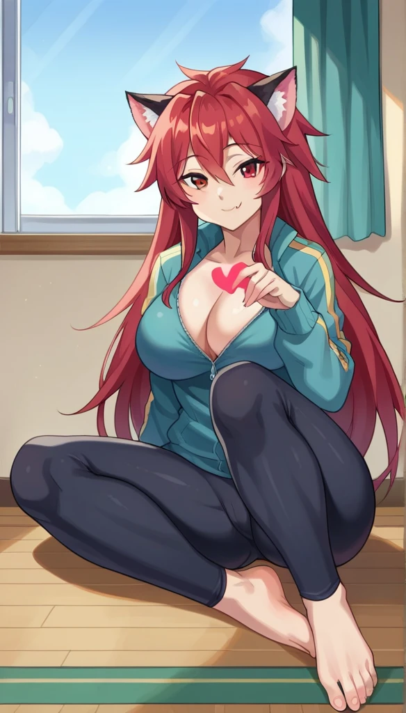 score_9, score_8_up, score_7_up, source_anime, 1girl, solo, nsfw allowed,
mari setagaya, human-form, 1girl, solo, long hair, looking at viewer, smile,, red eyes, red hair, fang,
Tight track jacket barely can hold her breasts, indoors, full body, very huge round breasts, very thick round plumpy thighs, large thighs, very wide hips, big round heart-shaped ass, tight clothes, milf, seductive, unzip her jacket, 10'5 feet tall, teasing the viewer, tight black short, cat ears