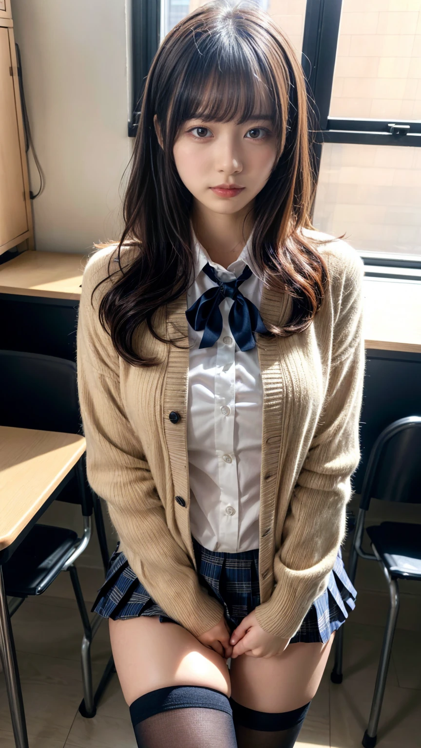 masterpiece, best quality, illustration, Super detailed, fine details, High resolution, 8K,wall paper, perfect dynamic composition,(Details High quality, realistic depiction of eyes:1.3), short hair, (wavy hair:1.2), Layered Cut, High School Classroom、High school girl uniform、Cardigan、Super Short Check Uniform Skirt、Navy blue high socks、garterbelts、Colossal tits、Disturbed uniform、, black hair color, Big Natural Color Lip, bold sexy pose, (perfect body shape), crying a little、cold gaze, Harajuku style、20 year old girl、cute type, beautiful legs, hposing Gravure Idol, Voluptuous thighs