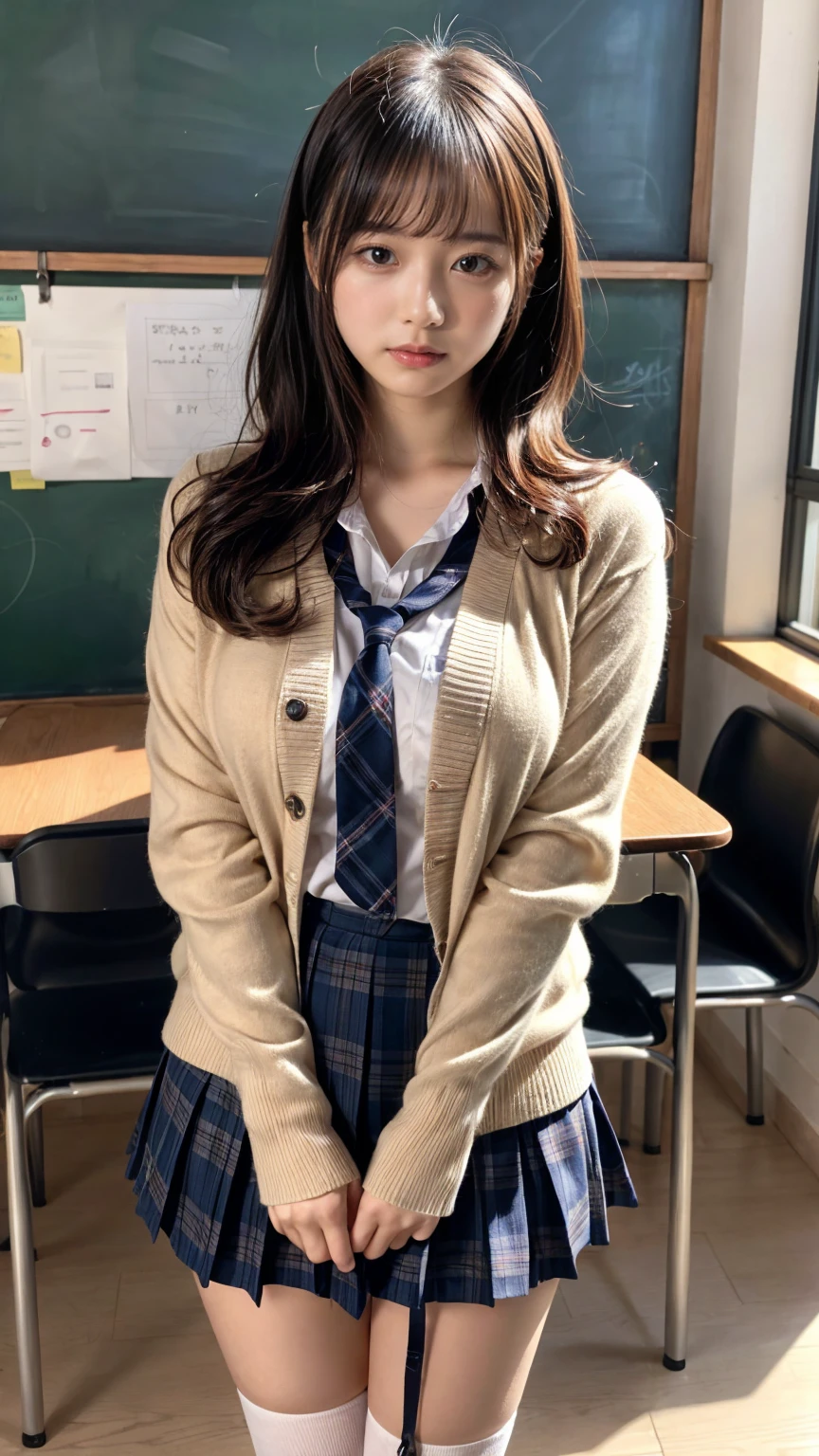 masterpiece, best quality, illustration, Super detailed, fine details, High resolution, 8K,wall paper, perfect dynamic composition,(Details High quality, realistic depiction of eyes:1.3), short hair, (wavy hair:1.2), Layered Cut, High School Classroom、High school girl uniform、Cardigan、Super Short Check Uniform Skirt、Navy blue high socks、garterbelts、Colossal 、Disturbed uniform、, black hair color, Big Natural Color Lip, bold  pose, (perfect body shape), crying a little、cold gaze, Harajuku style、20 year old girl、cute type, beautiful legs, hposing Gravure Idol, Voluptuous thighs