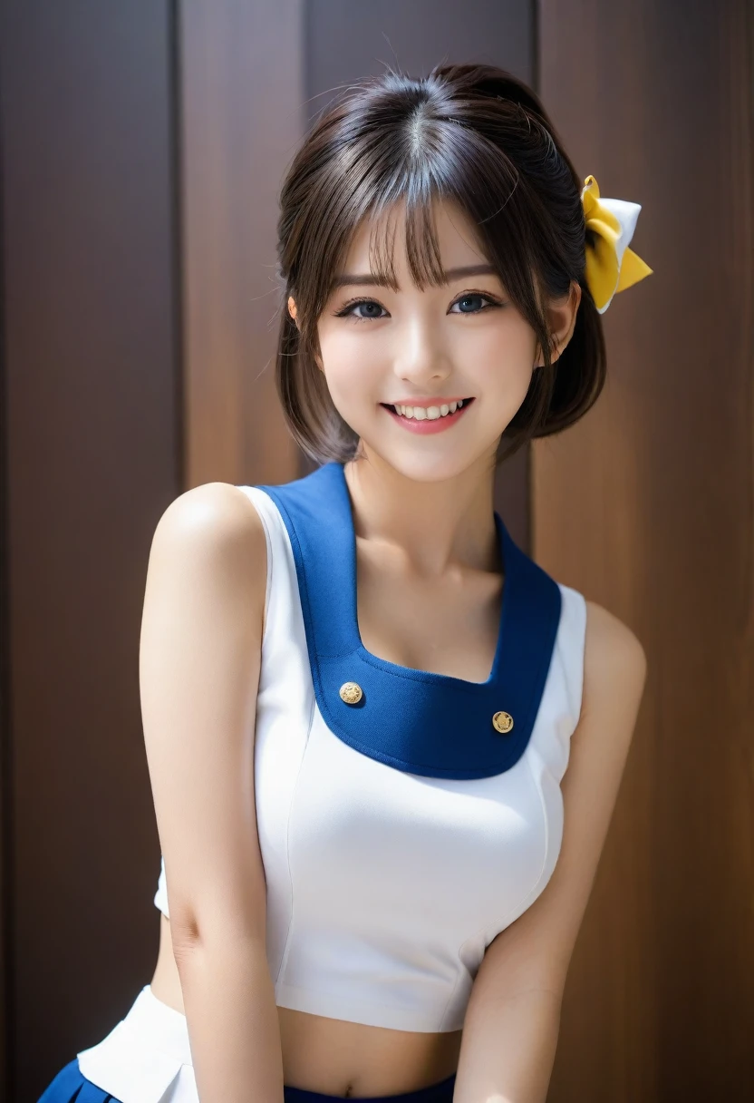 8K, Ultra-high resolution, Highest quality, masterpiece, 三分割法によるphotograph,Surreal, photograph, 1 Girl, (16 years old:1.3), pretty girl, Cute face, Beautiful eyes in every detail, 細かくdetailedに,masterpiece,, One Girl:1.2, Japan Female Announcer、Cowboy Shot、Double bun and short pigtails、(((Uniform 1.2))), From above,Refreshing sweat,Full of sex appeal,Sensual,A carefree smile,Heal the heart,Black Hair,Short Bob,Looking at the audience、beauty,Long neck、Laugh a little、Please close your mouth and laugh、(((Ideal body type))),A cup small breasts :2,、Portraiture:2、Perfect Anatomy、鮮明なdetailed、detailed、Surreal、Light and shadow,Strong light