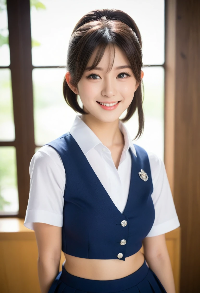8K, Ultra-high resolution, Highest quality, masterpiece, 三分割法によるphotograph,Surreal, photograph, 1 Girl, (16 years old:1.3), pretty girl, Cute face, Beautiful eyes in every detail, 細かくdetailedに,masterpiece,, One Girl:1.2, Japan Female Announcer、Cowboy Shot、Double bun and short pigtails、(((Uniform 1.2))), From above,Refreshing sweat,Full of sex appeal,Sensual,A carefree smile,Heal the heart,Black Hair,Short Bob,Looking at the audience、beauty,Long neck、Laugh a little、Please close your mouth and laugh、(((Ideal body type))),A cup small breasts :2,、Portraiture:2、Perfect Anatomy、鮮明なdetailed、detailed、Surreal、Light and shadow,Strong light