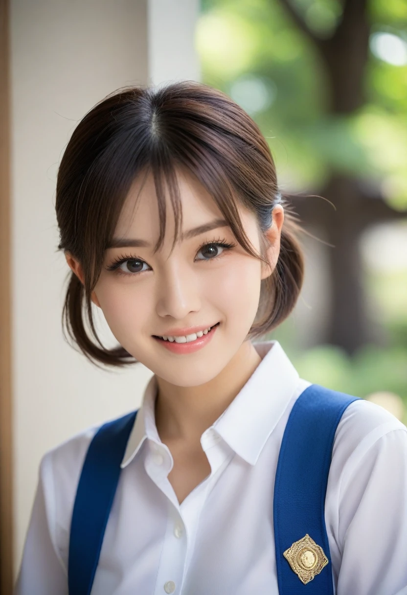 8K, Ultra-high resolution, Highest quality, masterpiece, 三分割法によるphotograph,Surreal, photograph, 1 Girl, (:1.3), pretty girl, Cute face, Beautiful eyes in every detail, 細かくdetailedに,masterpiece,, One Girl:1.2, Japan Female Announcer、Cowboy Shot、Double bun and short pigtails、(((Uniform 1.2))), From above,Refreshing sweat,Full of sex appeal,Sensual,A carefree smile,Heal the heart,Black Hair,Short Bob,Looking at the audience、beauty,Long neck、Laugh a little、Please close your mouth and laugh、(((Ideal body type))),A cup small breasts :2,、Portraiture:2、Perfect Anatomy、鮮明なdetailed、detailed、Surreal、Light and shadow,Strong light