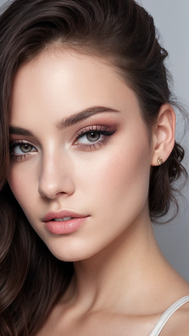 Belle femme,, Maquillage sombre, Photographie hyper détaillée de face, Lumière douce, portrait de tête , meilleure qualité, (beau visage détaillé, détail de la texture de la peau, corps ultra détaillé:1.1) cheveux bruns, Yeux noisette, ado de 18 ans