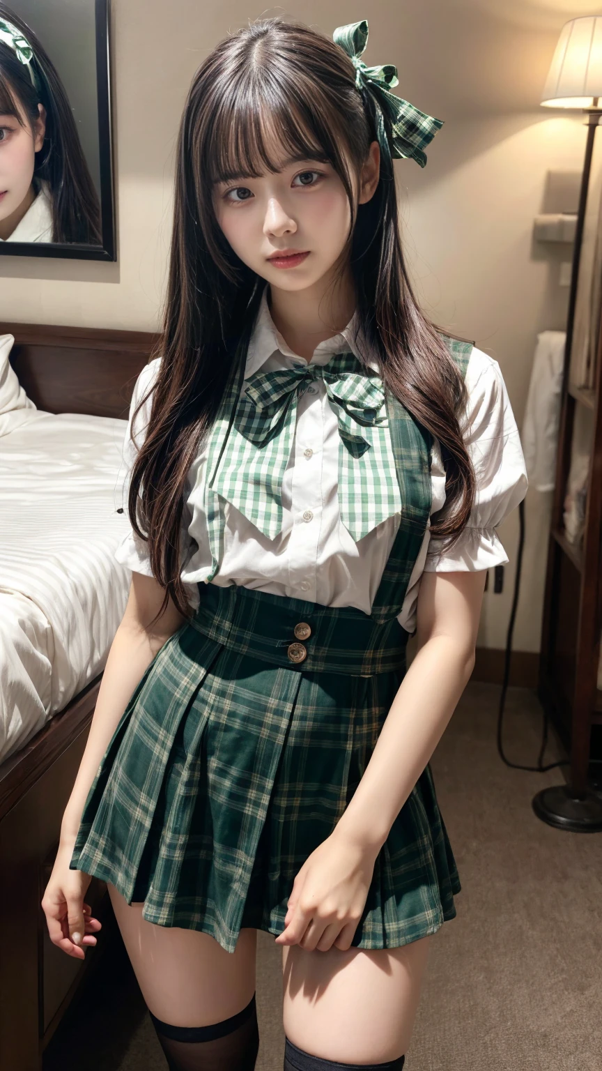 masterpiece, best quality, illustration, Super detailed, fine details, High resolution, 8K,wall paper, perfect dynamic composition,(Details High quality, realistic depiction of eyes:1.3), straight hair, ,white shirt), green plaid short skirt, green ribbon, black hair color, Big Natural Color Lip, hotel room, crying a little、 Harajuku style、20 year old girl、cute type、lolita, Gravure Idol, full body photo、focus on crotch, huge breasts