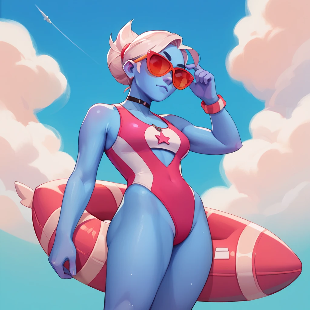 an tryceratops, female, in a swimsuit, sky blue skin color, pink and white wild buoy, wearing sunglasses
