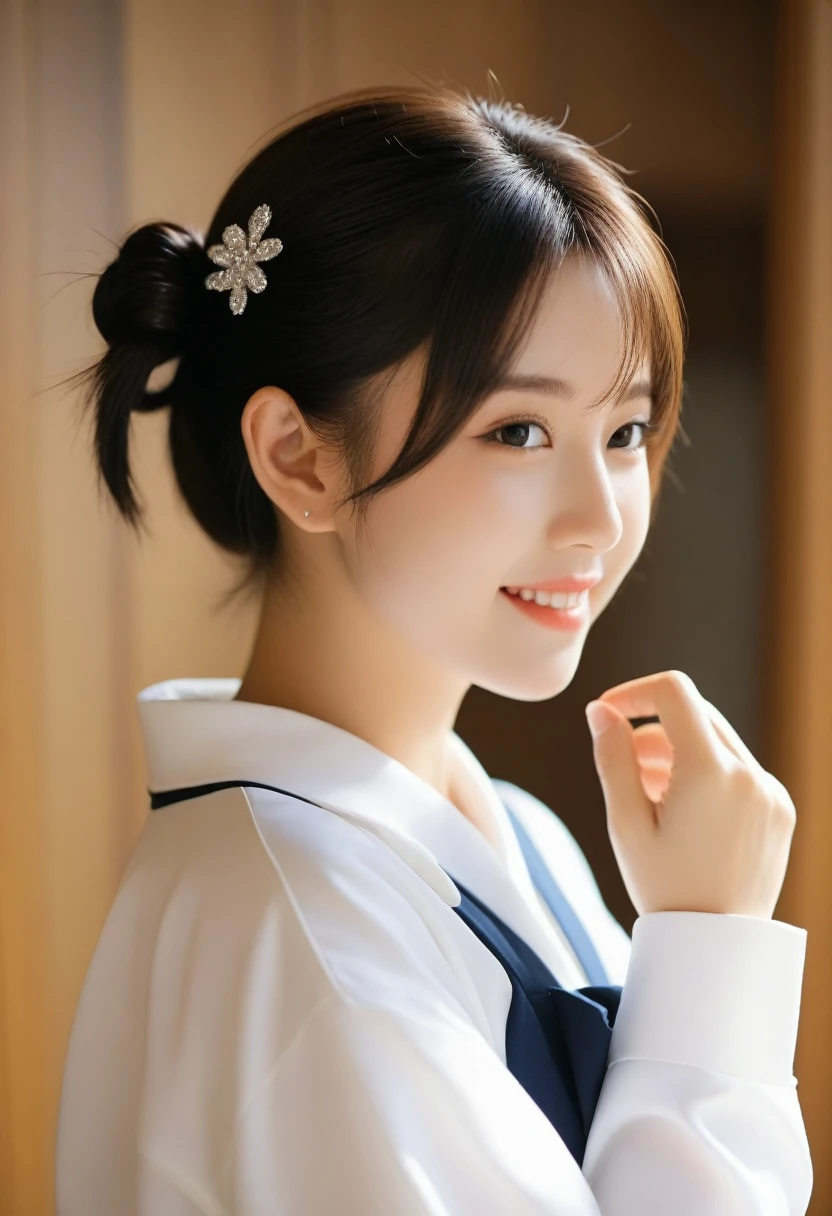 8K, Ultra-high resolution, Highest quality, masterpiece, 三分割法によるphotograph,Surreal, photograph, 1 Girl, (16 years old:1.3), pretty girl, Cute face, Beautiful eyes in every detail, 細かくdetailedに,masterpiece,, One Girl:1.2, Japan Female Announcer、Cowboy Shot、Double bun and short pigtails、(((Uniform 1.2))), From above,Refreshing sweat,Full of sex appeal,Sensual,A carefree smile,Heal the heart,Black Hair,Short Bob,Looking at the audience、beauty,Long neck、Laugh a little、Please close your mouth and laugh、(((Ideal body type))),A cup small breasts :2,、Portraiture:2、Perfect ???????、鮮明なdetailed、detailed、Surreal、Light and shadow,Strong light