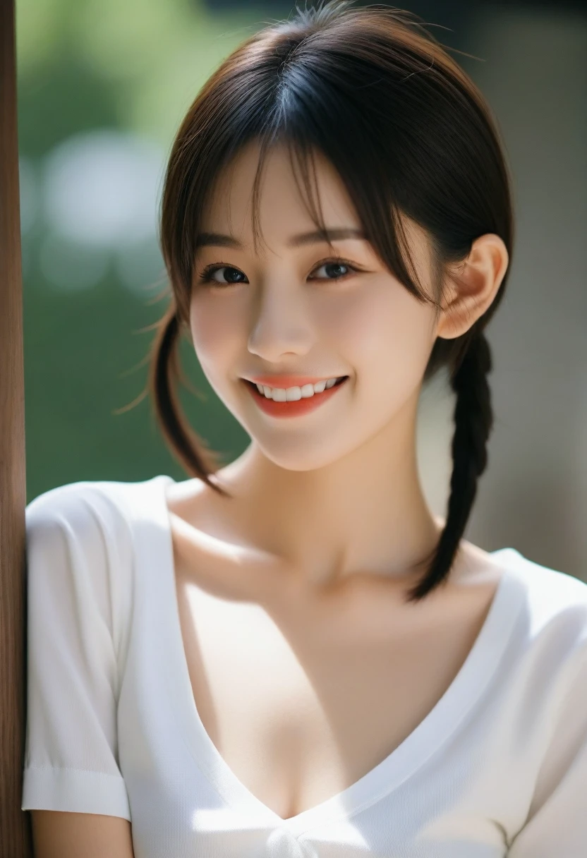 8K, Ultra-high resolution, Highest quality, masterpiece, 三分割法によるphotograph,Surreal, photograph, 1 Girl, (16 years old:1.3), pretty girl, Cute face, Beautiful eyes in every detail, 細かくdetailedに,masterpiece,, One Girl:1.2, Japan Female Announcer、Cowboy Shot、Double bun and short pigtails、(((Uniform 1.2))), From above,Refreshing sweat,Full of sex appeal,Sensual,A carefree smile,Heal the heart,Black Hair,Short Bob,Looking at the audience、beauty,Long neck、Laugh a little、Please close your mouth and laugh、(((Ideal body type))),A cup small breasts :2,、Portraiture:2、Perfect Anatomy、鮮明なdetailed、detailed、Surreal、Light and shadow,Strong light