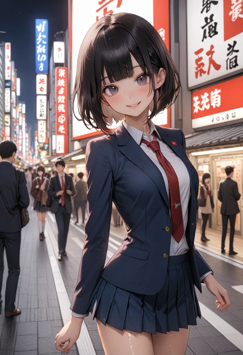 ((masterpiece,Highest quality:1.3,best quality illustration)),cowboy shot,1woman、独奏,-yeld Ja beauty,((very small head)),short bob hair,blunt bangs,black hair,black eyes,gorgeous eyes,blush,smile,medium breasts,((very long body)),(School uniform,Navy blue blazer、Red tie、White Shirt、Navy blue pleated mini skirt),(toned body,slender body,skinny),gleaming skin,shiny skin,oily skin,standing,Shibuya Station、Tokyo