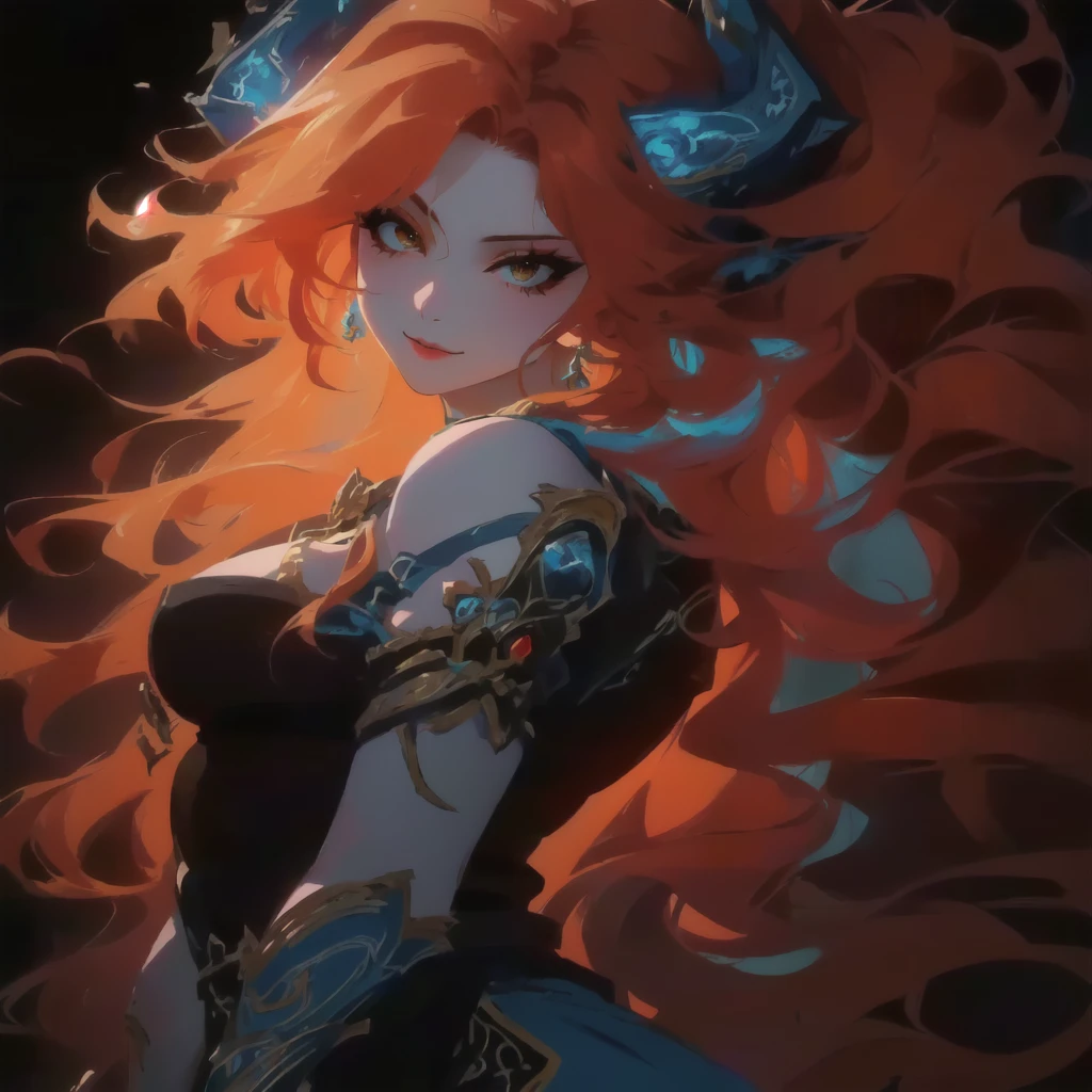 a woman with long red hair and a blue dress is standing in front of a black background, 极其详细的Artgerm, style artgerm, style artgerm, vibrant rossdraws cartoon, colorful Artgerm!!!, Alice X. zhang, such as ArtGerm, Detailed Artgerm, style of artgerm, artgerm trends, red-haired goddess, bluish lighting on the skin