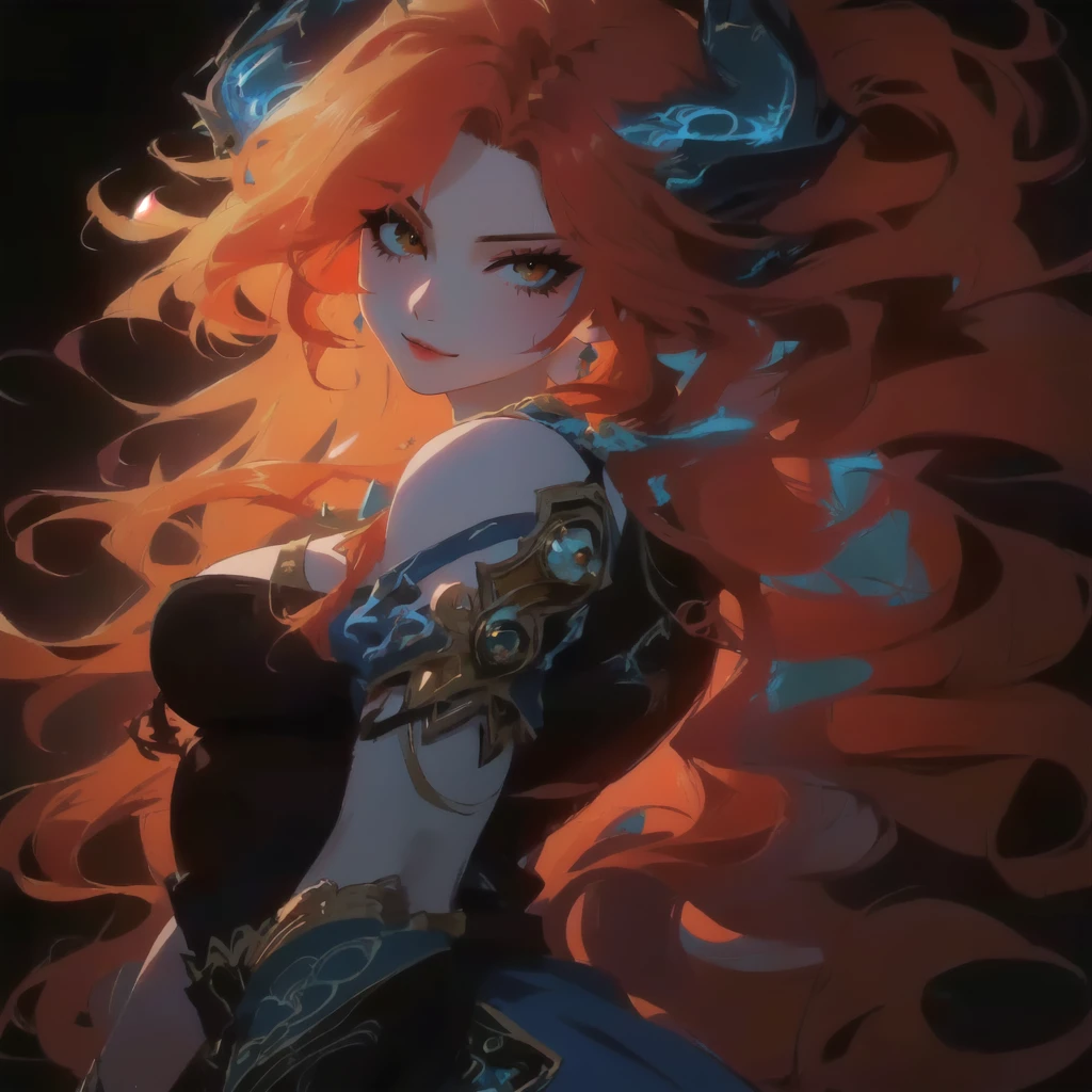 a woman with long red hair and a blue dress is standing in front of a black background, 极其详细的Artgerm, style artgerm, style artgerm, vibrant rossdraws cartoon, colorful Artgerm!!!, Alice X. zhang, such as ArtGerm, Detailed Artgerm, style of artgerm, artgerm trends, red-haired goddess, bluish lighting on the skin