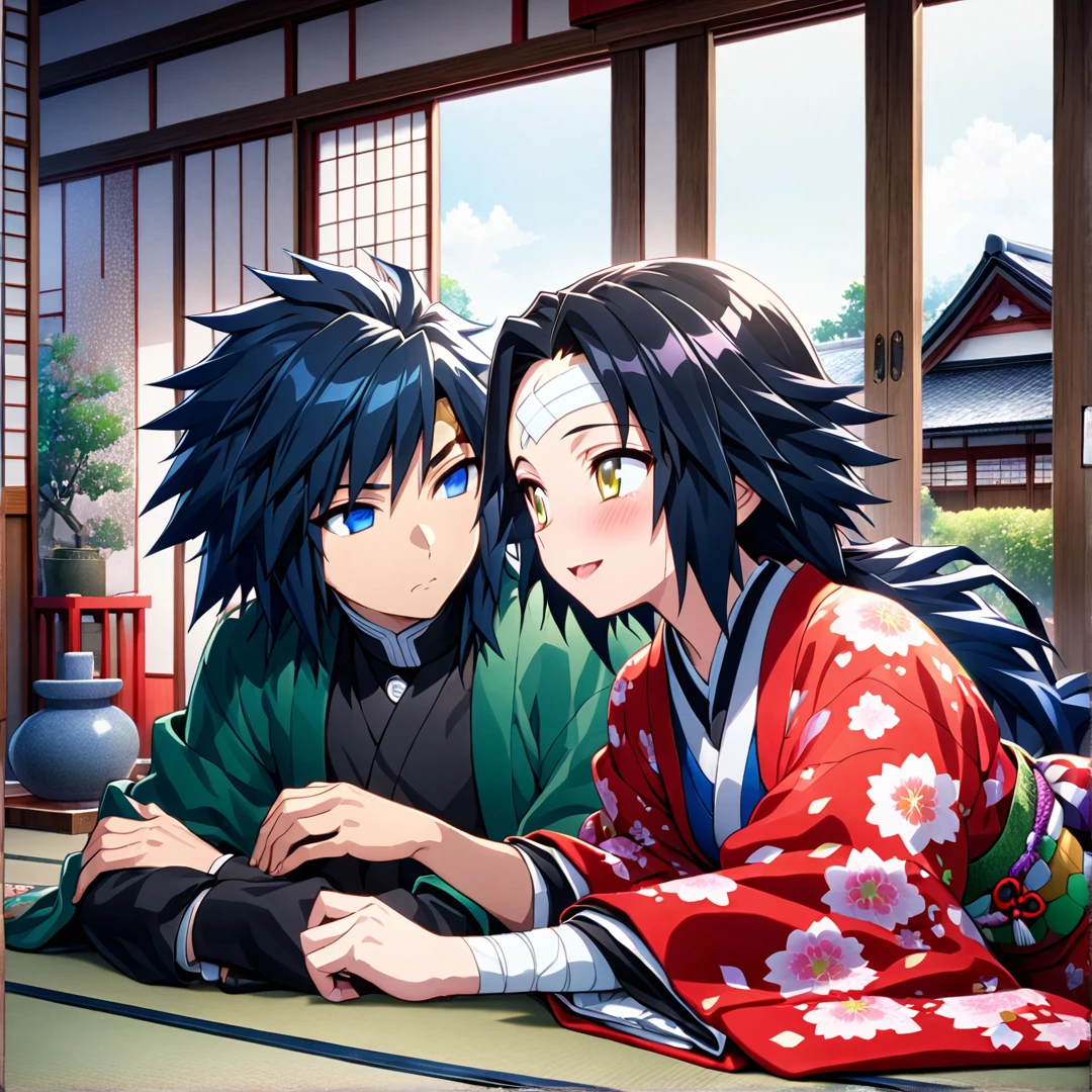 Ultra detailed, high resolution, absurd, HDR, masterpiece, anime man and woman, beautiful woman (with long white hair with deep red highlights, woman (with yellow eyes), woman (wearing a red haori), wearing anime uniform demon slayer body, Kimetsu No Yaiba, handsome, Tomioka Giyu, Hashira, Tomioka lying in bed, Tomioka has a bandage on his forehead, couple, Japanese house, best quality, extremely detailed face, anime, the girl is looking at Tomioka, she stays by his side, they are in love