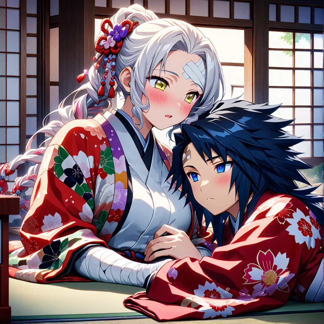 Ultra detailed, high resolution, absurd, HDR, masterpiece, anime man and woman, beautiful woman (with long white hair with deep red highlights, woman (with yellow eyes), woman (wearing a red haori), wearing anime uniform demon slayer body, Kimetsu No Yaiba, handsome, Tomioka Giyu, Hashira, Tomioka lying in bed, Tomioka has a bandage on his forehead, couple, Japanese house, best quality, extremely detailed face, anime, the girl is looking at Tomioka, she stays by his side, they are in love