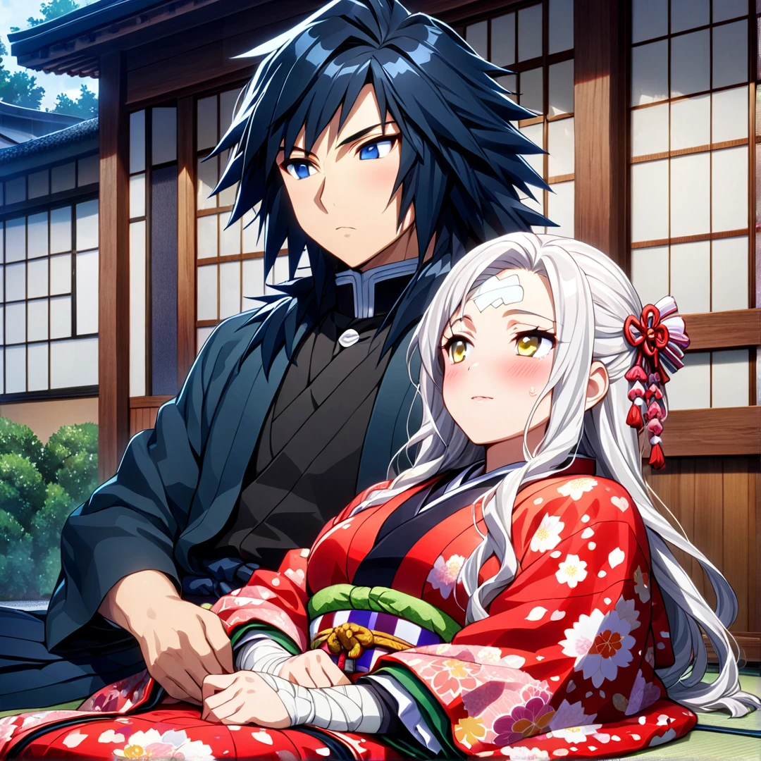 Ultra detailed, high resolution, absurd, HDR, masterpiece, anime man and woman, beautiful woman (with long white hair with deep red highlights, woman (with yellow eyes), woman (wearing a red haori), wearing anime uniform demon slayer body, Kimetsu No Yaiba, handsome, Tomioka Giyu, Hashira, Tomioka lying in bed, Tomioka has a bandage on his forehead, couple, Japanese house, best quality, extremely detailed face, anime, the girl is looking at Tomioka, she stays by his side, they are in love