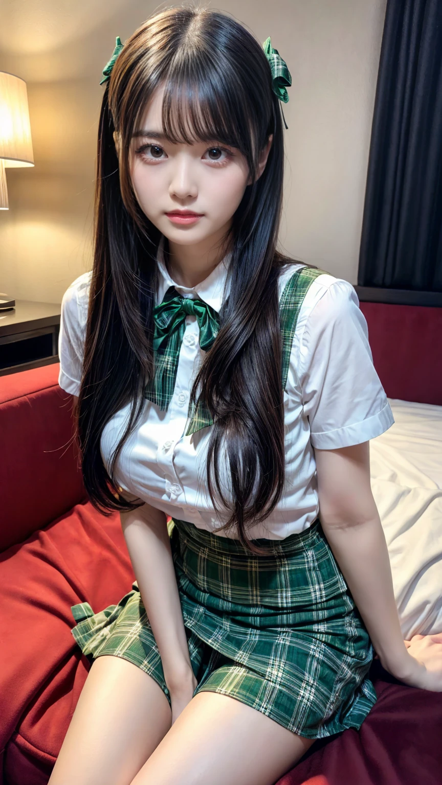 masterpiece, best quality, illustration, Super detailed, fine details, High resolution, 8K,wall paper, perfect dynamic composition,(Details High quality, realistic depiction of eyes:1.3), straight hair, ,white shirt), green plaid short skirt, green ribbon, black hair color, Big Natural Color Lip, hotel room, crying a little、 Harajuku style、20 year old girl、cute type、ta, Gravure Idol, full body photo、focus on crotch, huge breasts