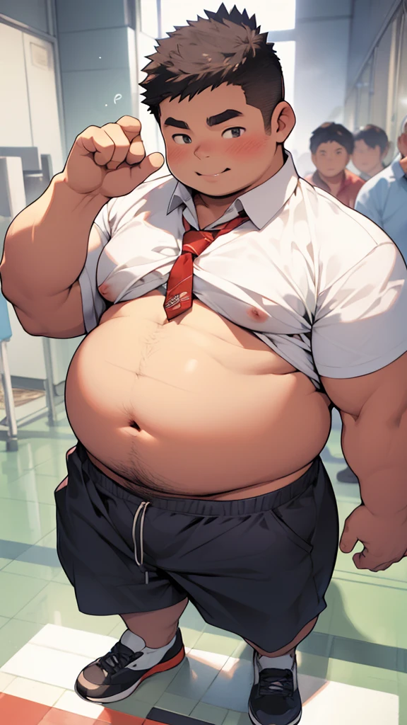 beautiful, chubby, (very short hair), (pudgy face), (naughty) (high school students), (handsome), thick, overweight, beefy, (nipples), (cute), (little brat), (naughty brat), (へそ), ぽっちゃりした体, big belly, 汗ばんだ体, (臭そうな体), (fullbody)