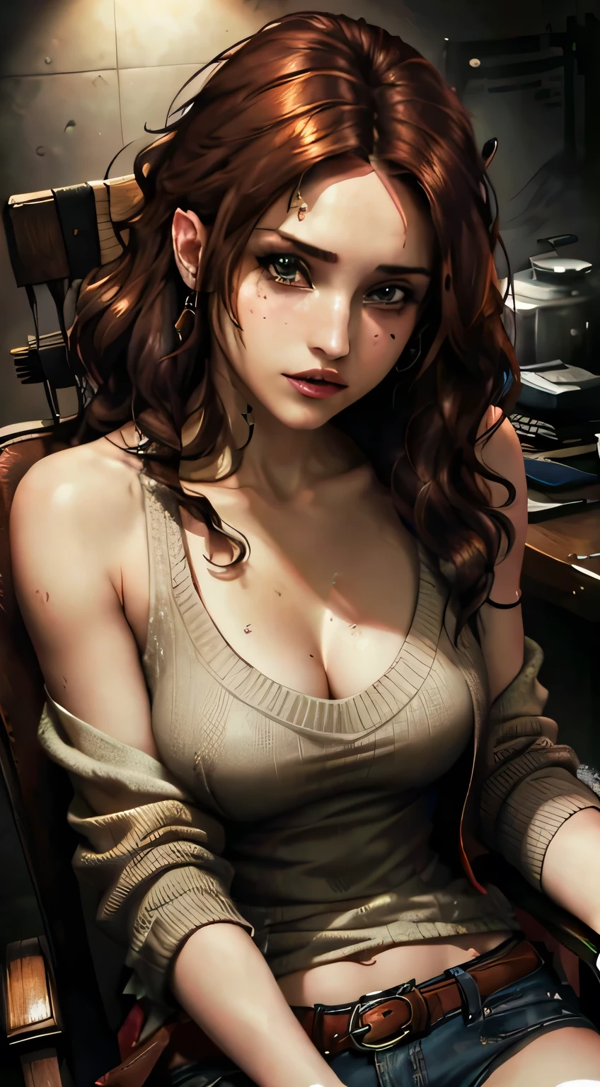 Amazing portrait of a sexy woman with a feral look in her eyes as she's sitting back in her chair with one leg crossed over the other wearing an oversized sweater that is showcasing her bare shoulders and her cleavage her brown hair is curly and messy and her makeup is elegant and sexy wearing elegant earrings and the overall atmosphere is intimate