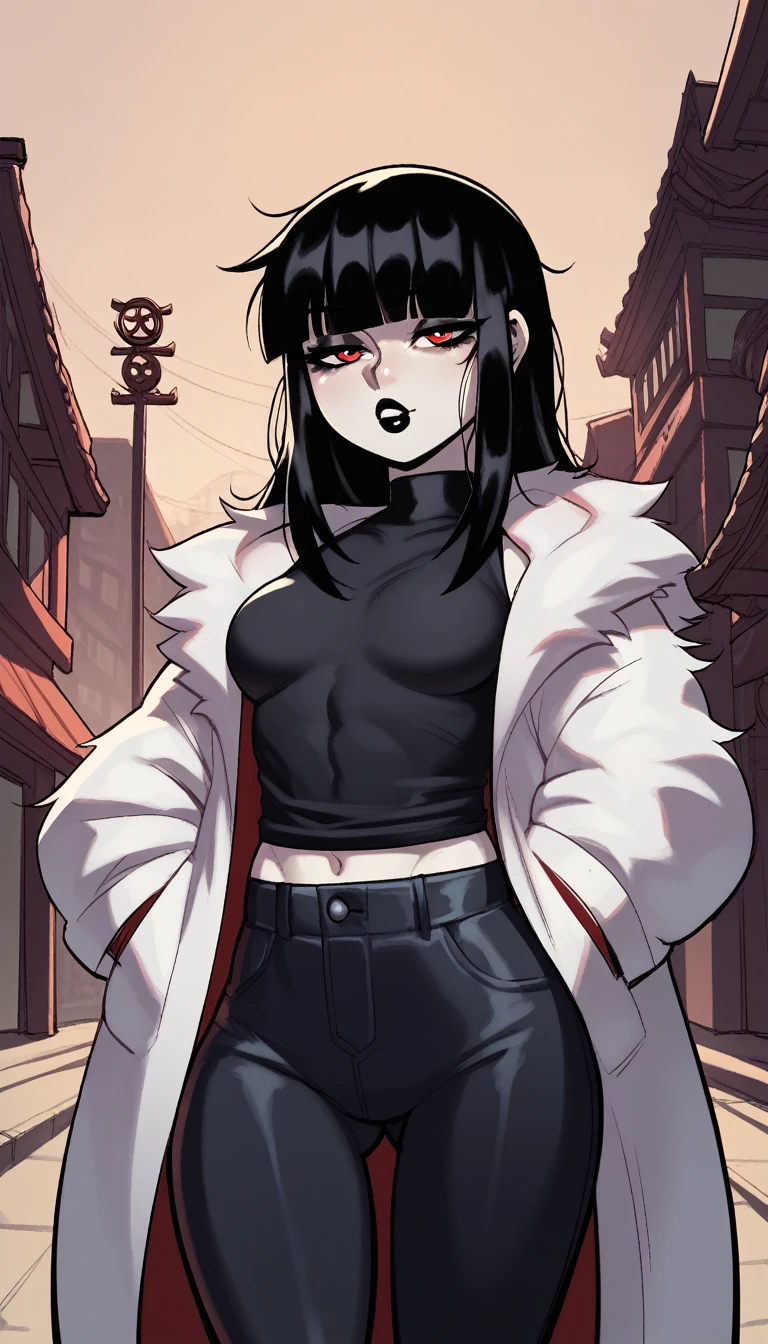 score_9, score_8_up, score_7_up, score_6_up, score_5_up, score_4_up, BREAK 1girl, black hair, messy hair, unkept bangs, red eyes, seductive expression, blunt bangs, short, BREAK solo, small breasts, skinny, arched back, thigh gap, shrine maiden, white fur coat, innocent, lovely, adorable, long hair, hair covering one eye, dark mage, fully clothed, hibakama pants, hakui shirt, yakuza, city street background, black lipstick, Latina, Mexican,