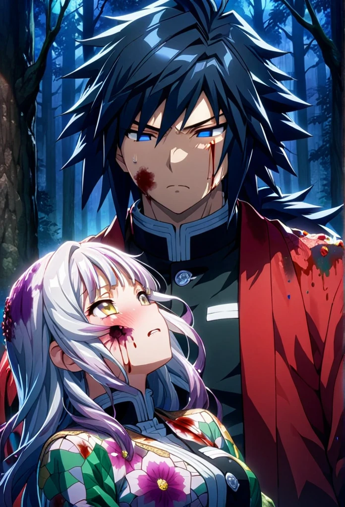 Ultra detailed, high resolution, absurd, HDR, masterpiece, anime girl and boy, beautiful woman (with long white hair with deep red streaks, woman (with yellow eyes), the woman (is wearing a red haori), in black demon slayer corps uniform, Kimetsu No Yaiba, fantasy, handsome, Tomioka Giyu, Hashira, Tomioka is serious, couple, night, forest, best quality, extremely detailed face, anime, the girl is really hurt, the girl is covered in blood , Tomioka is a strong man , Tomioka is trying to protect the pretty girl