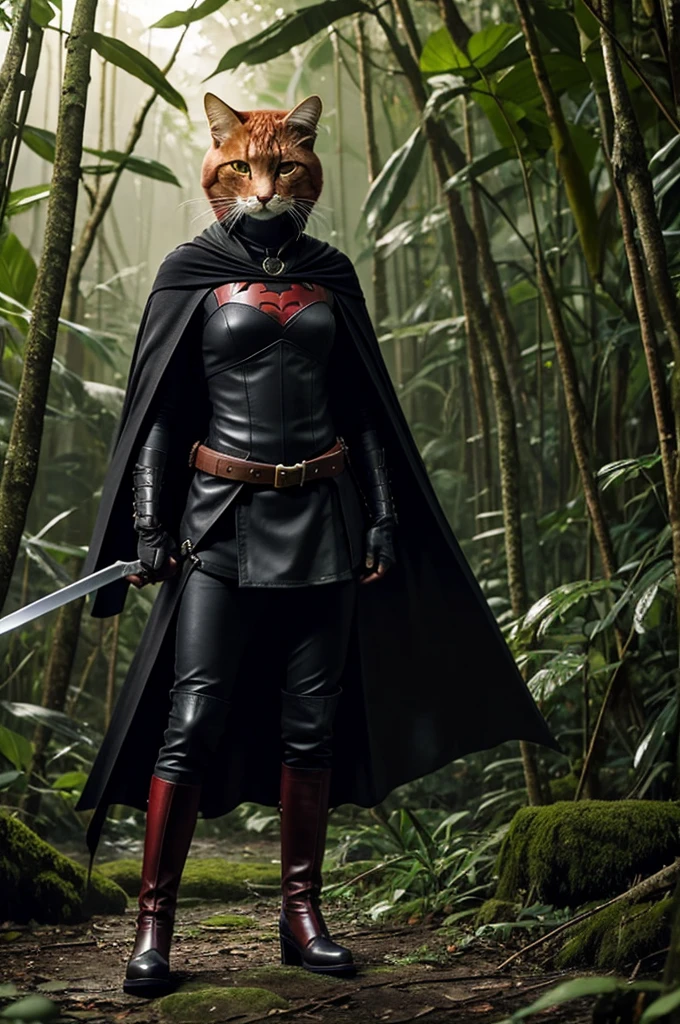 A red cat, with a sword, a black cape and black boots, in a jungle