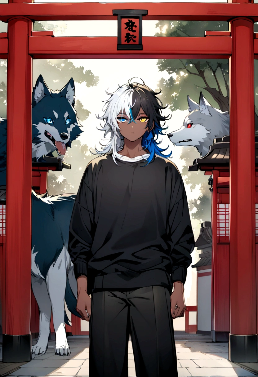 white shirt, wearing a black sweatshirt with silver details , white tennis shoes with black details, black pants, yellow and black eyes heterochromia, expression of calm, Messy hair , Medium length hair , 1 men , multicolored black and white hair ( focus on hair containing both colors) , two tone hair , dark skin color, in a western setting , with a torii (traditional japanese gate.) in front of you, on his side he has a wolf , with messy white fur, blue colored eyes( focus on the wolf's eyes )