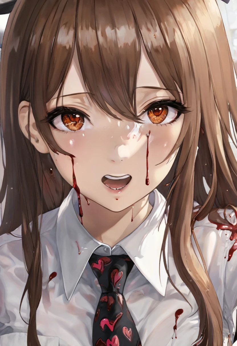 heart-shaped pupils,(sfw), (masterpiece:1.2), best quality, masterpiece, highres, original, extremely detailed wallpaper, (ultra-detailed), (best illustration), (best shadow), (Kobeni), big breasts, perky breasts, (white collared shirt), (blood stain:1.1), (horrified:1.2), (black necktie), (shirt stain), (stained), 1girl, looking at viewer, (scared:1.2), (tears:1.1), (brown eyes), (peace sign),tongue out, tongue, heart-shaped pupils