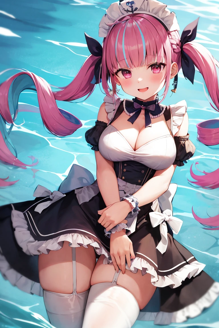 masterpiece、Highest quality、1 girl、Virtual YouTuber、Minato Akua、Multi-colored hair、Twin tails、inner hair color、Two-tone hair、Drill Hair、Twin Drill、Ahoge、Ankle cuffs、Striped Hair、White ribbon、Cowboy Shot,smile,Open your mouth,Pool,Arms crossed,Cleavage,Maid Bikini