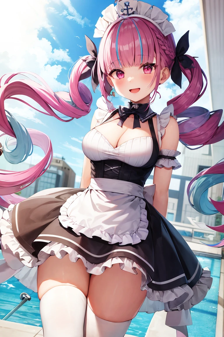 masterpiece、Highest quality、1 girl、Virtual YouTuber、Minato Akua、Multi-colored hair、Twin tails、inner hair color、Two-tone hair、Drill Hair、Twin Drill、Ahoge、Ankle cuffs、Striped Hair、White ribbon、Cowboy Shot,smile,Open your mouth,Pool,Arms crossed,Cleavage,Maid Bikini